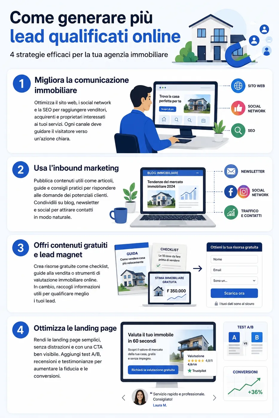 Infografica che spiega le strategie per generare più lead immobiliari qualificati online