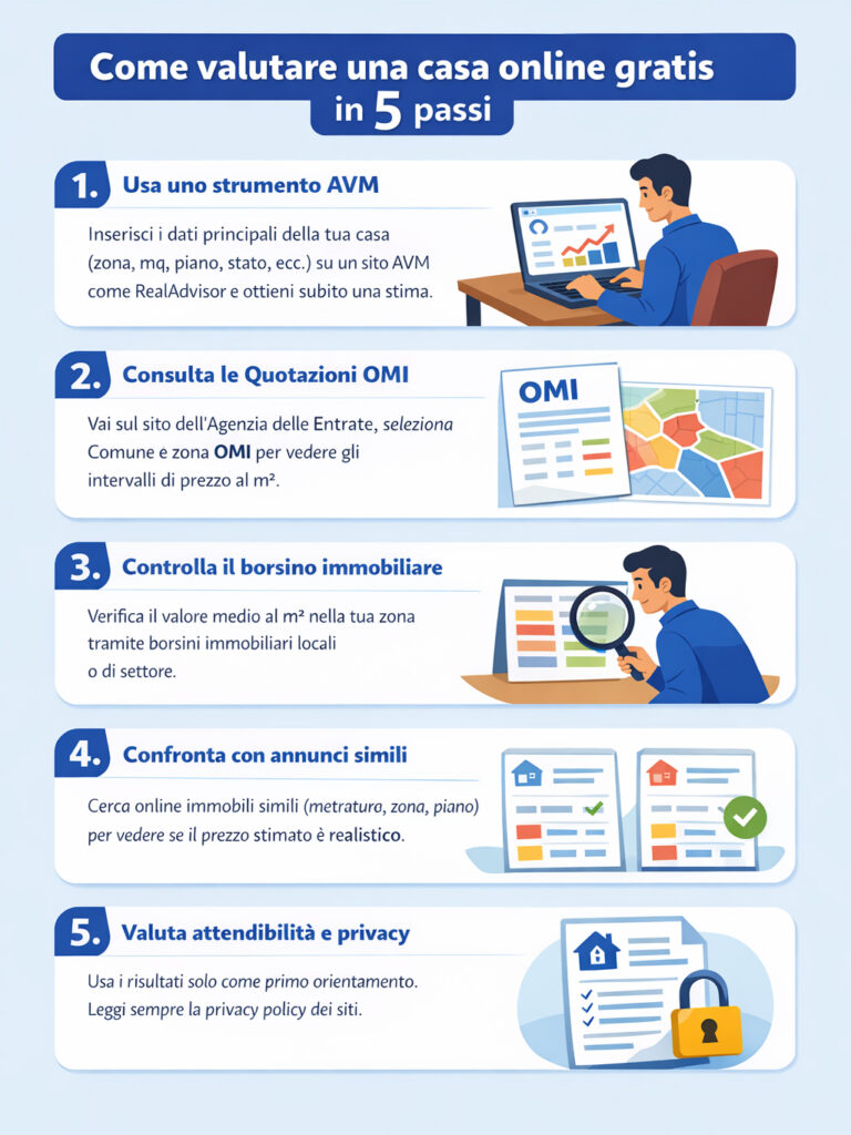 Infografica che illustra come valutare una casa online gratis