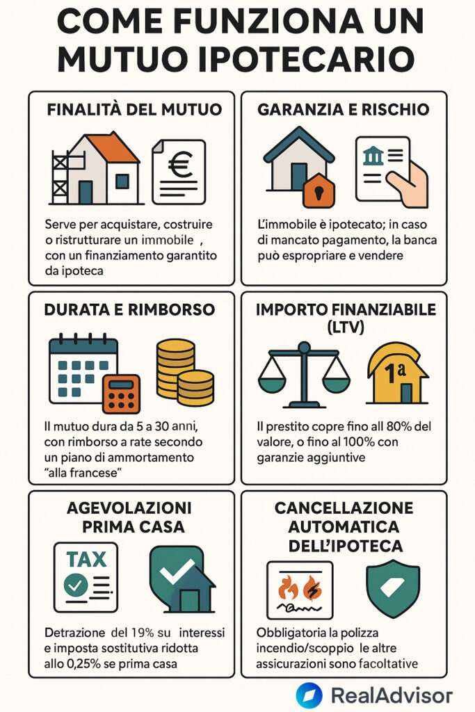 Infografica che illustra come funziona il mutuo ipotecario su un immobile