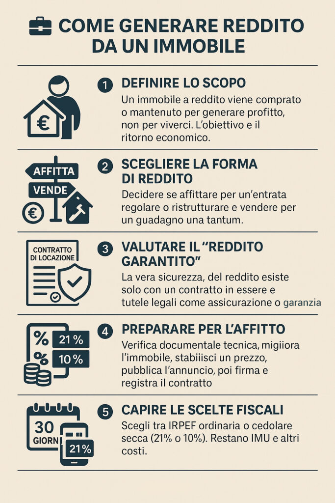 Infografica che illustra come funziona un immobile a reddito