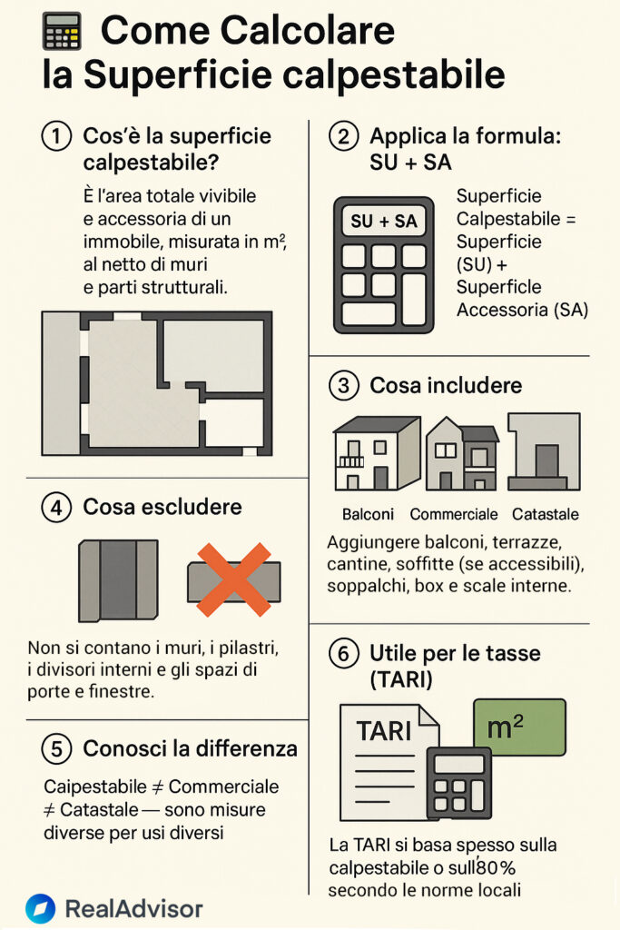 Infografica che illustra cos'è e come si calcola la superficie calpestabile