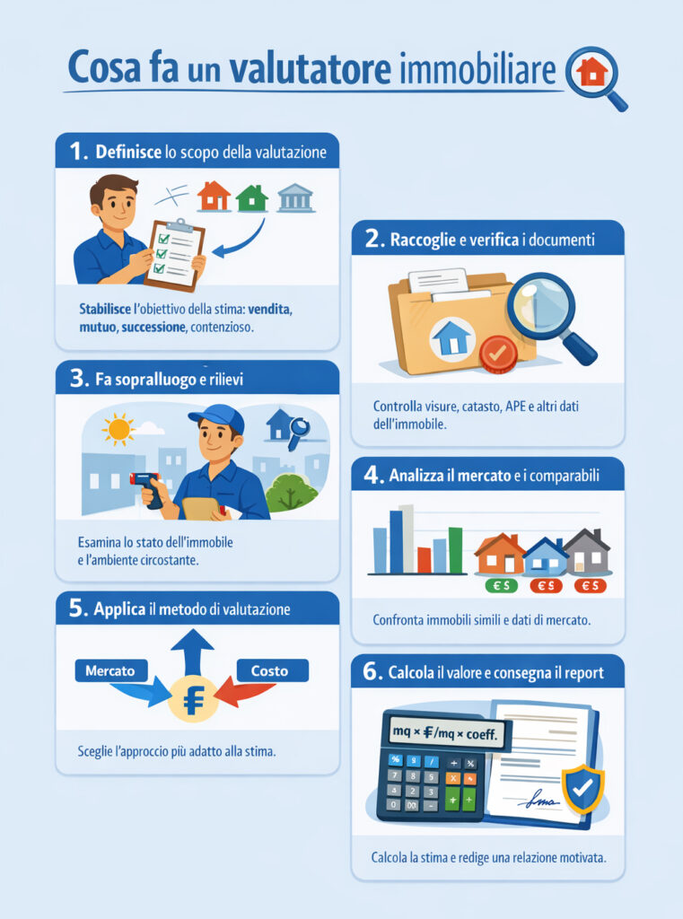 Infografica che illustra cosa è e cosa fa il valutatore immobiliare