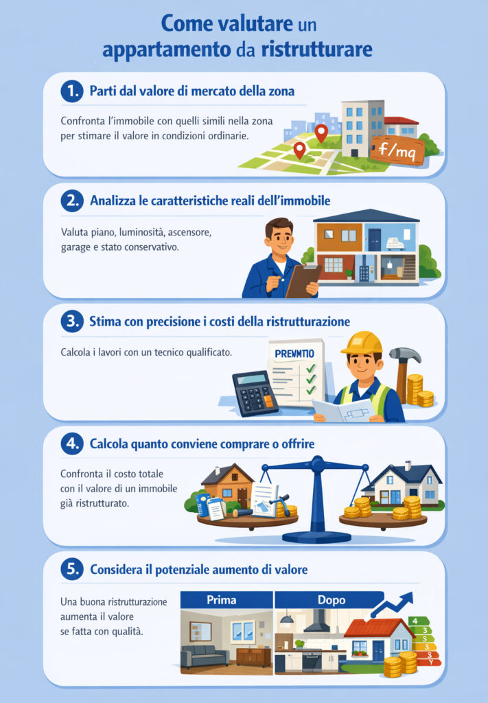 Infografica che illustra come effettuare la valutazione di un appartamento da ristrutturare