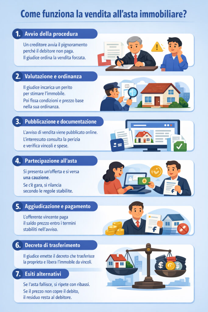 Infografica che spiega come funziona la vendita all'asta immobiliare