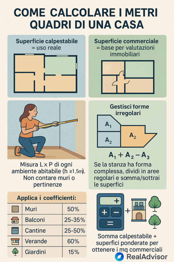 Infografica che spiega come calcolare i metri quadri di una casa