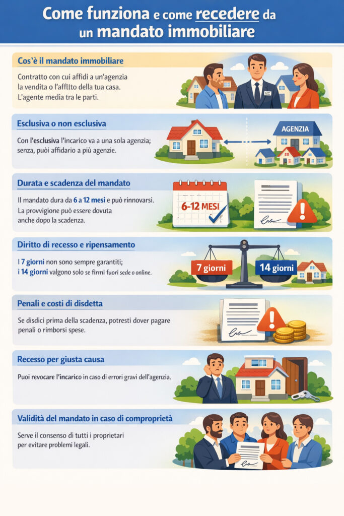 Infografica che illustra cos'è un mandato immobiliare e come effettuare il recesso