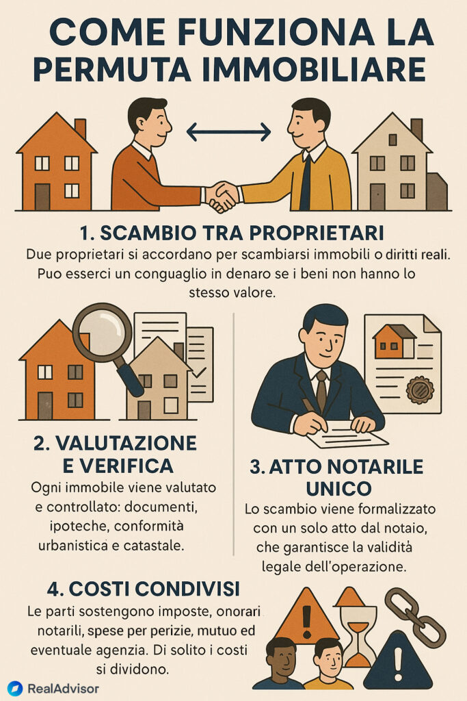 Infografica che illustra come funziona la permuta immobiliare