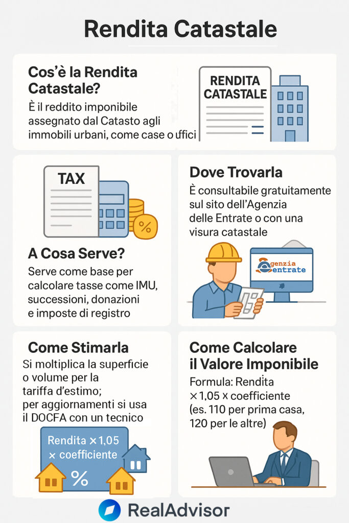 Infografica che illustra cos'è la rendita catastale e come si calcola