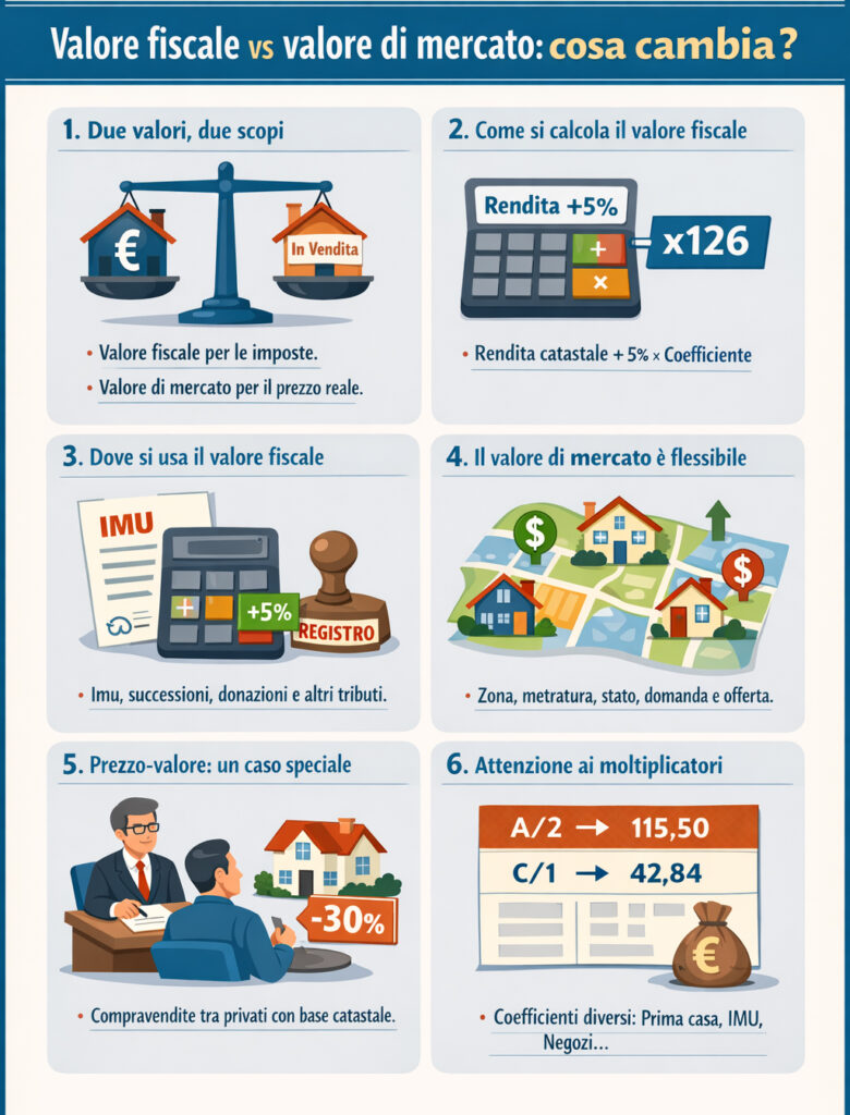 Infografica che illustra come funziona il valore fiscale di un immobile