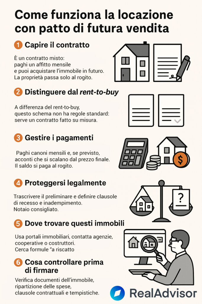 Infografica che illustra come funziona la locazione con patto di tutura vendita