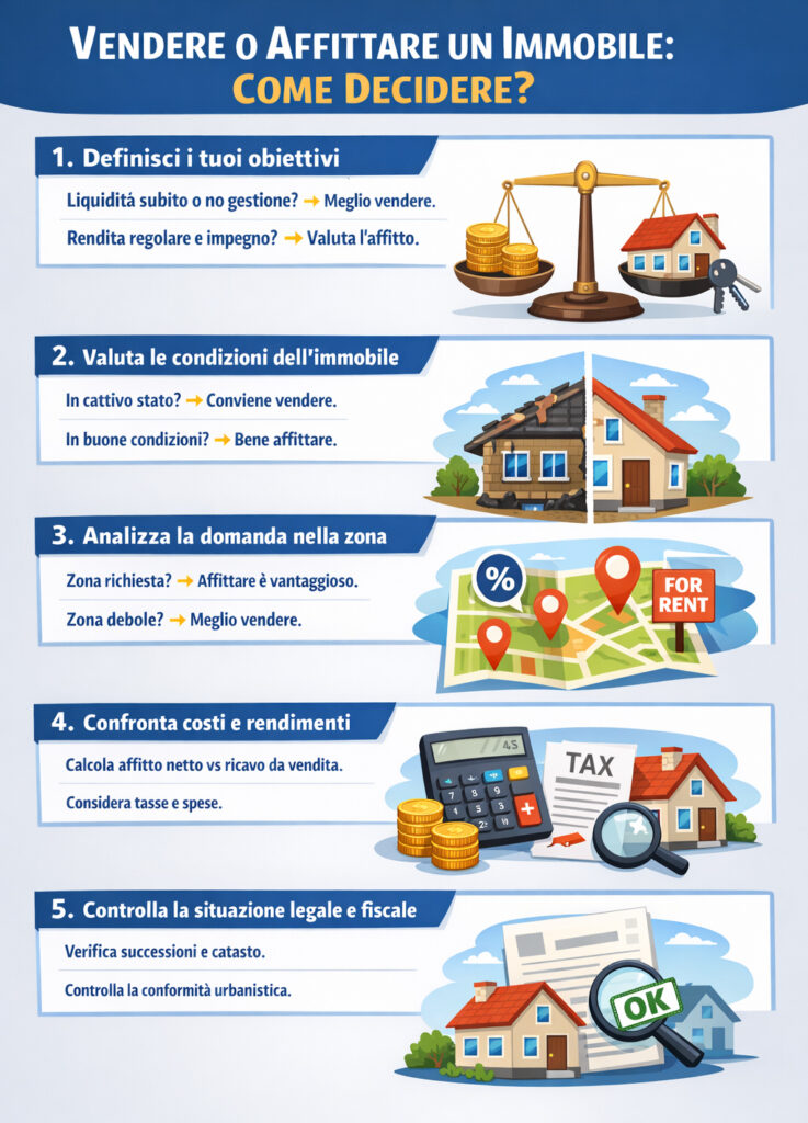 Infografica che illustra cosa valutare quando vendere o affittare una casa ereditata