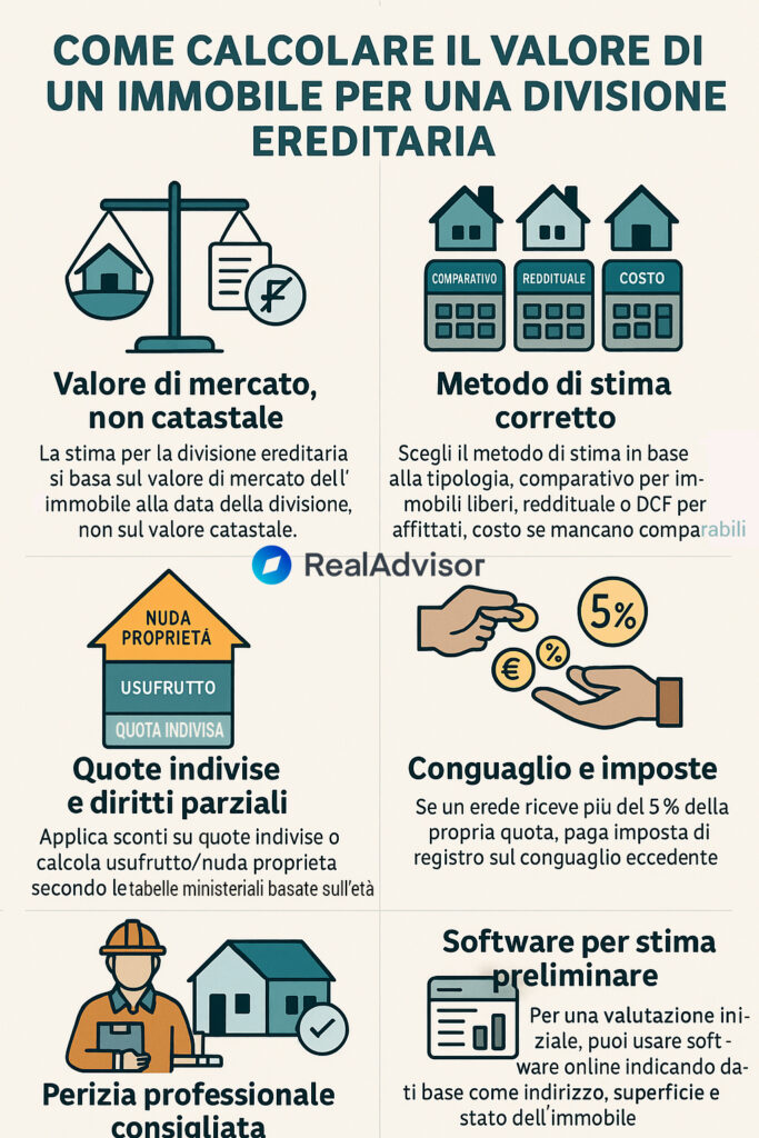 Infografica che spiega come calcolare valore immobile per la divisione ereditaria