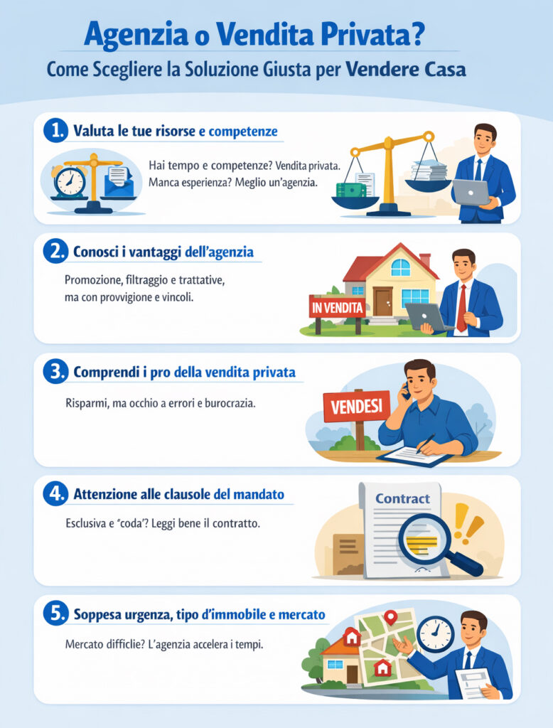 Infografica che spiega cos'è il mandato immobiliare e la differenza con la vendita privata
