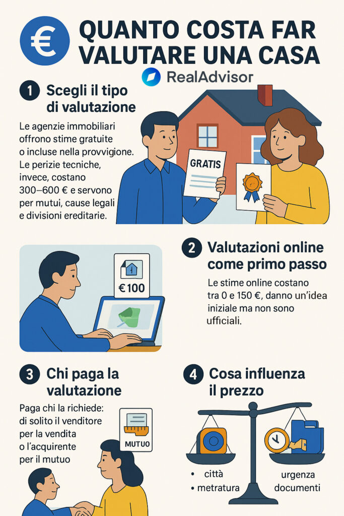Infografica che illustra quanto cosa far valutare una casa e chi paga la perizia