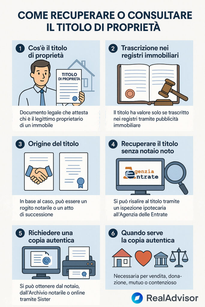 Infografica che illustra significato e come richiedere il titolo di proprietà