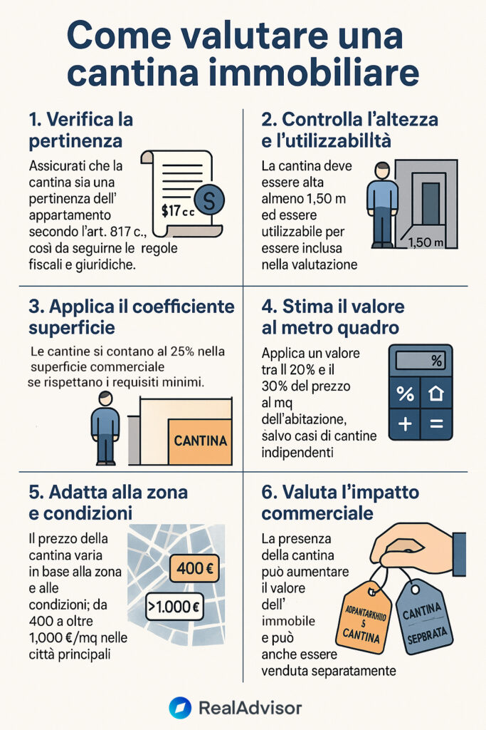 Infografica che illustra cosa bisogna sapere per la valutazione della cantina di un immobile