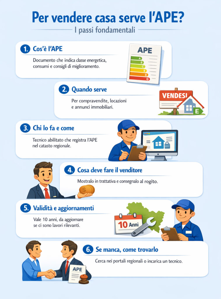 Infografica che illustra cos'è l'APE e se è obbligatorio per la vendita di una casa