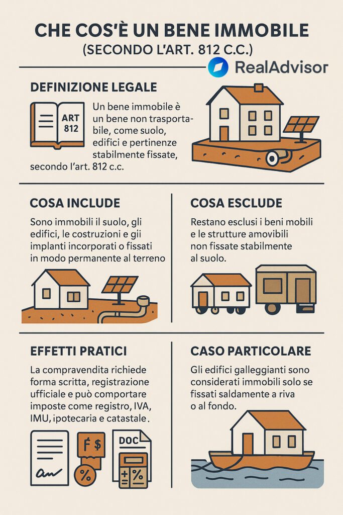 Infografica che spiega cos'è un bene immobile secondo l'art 812 del Codice Civile