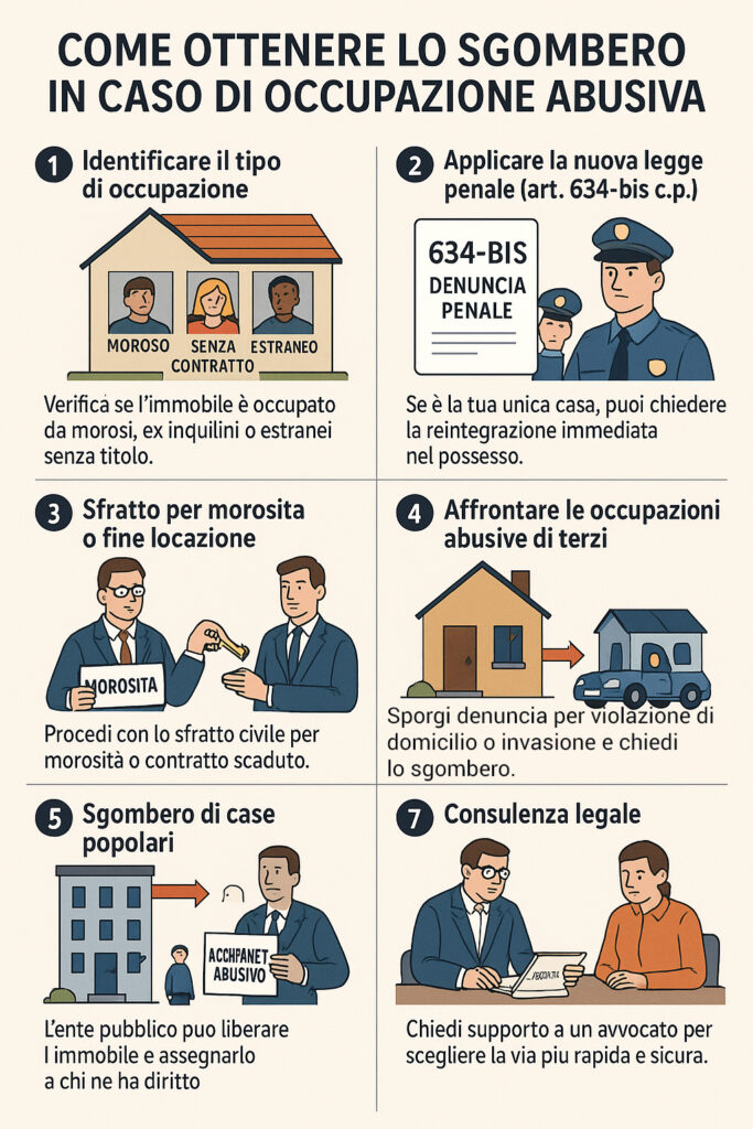 Infografica che illustra cosa fare in caso di casa abusivamente occupata
