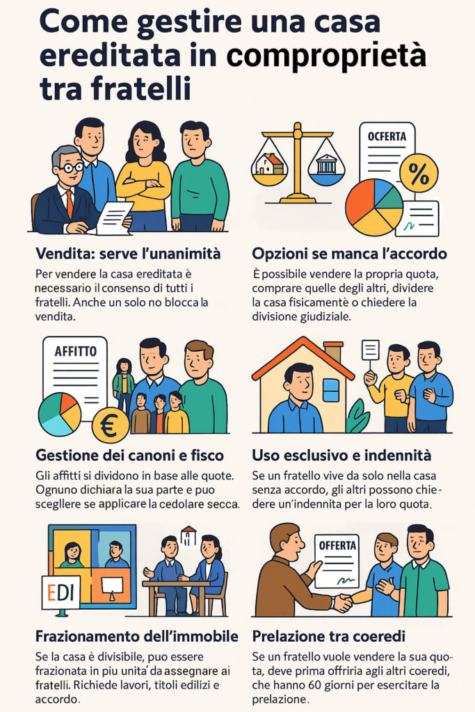 Infografica che illustra come gestire una casa ereditata in comproprietà tra fratelli