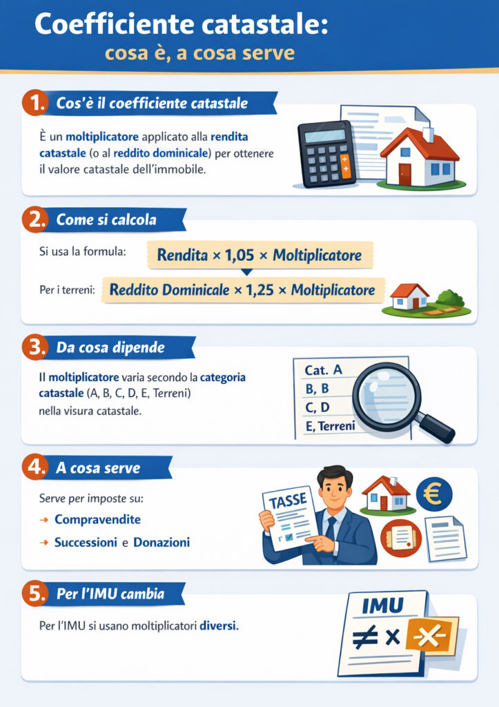 Infografica che illustra cosa è e a cosa serve il coefficiente catastale