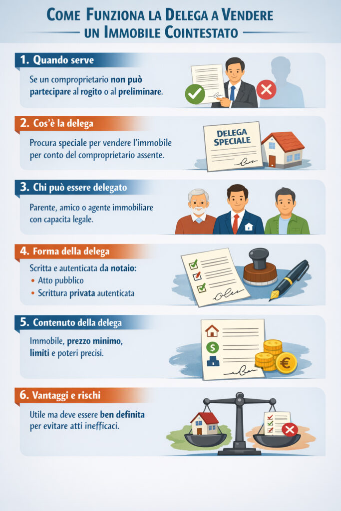 Infografica che spiega come funziona la delega a vendere un immobile cointestato