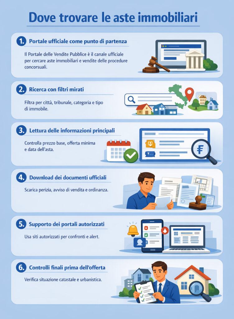 Infografica che illustra dove trovare le aste immobiliari