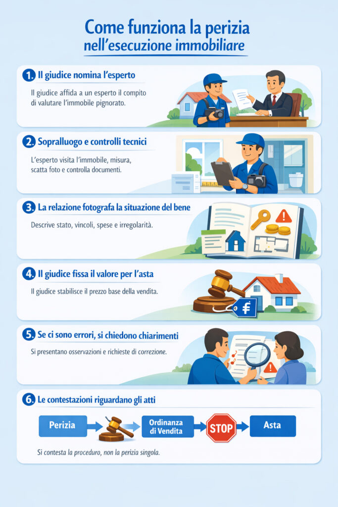 Infografica che illustra come funziona la perizia per l'esecuzione immobiliare