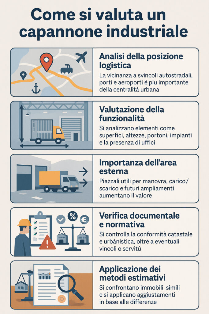 Infografica che illustra come valutare un capannone industriale