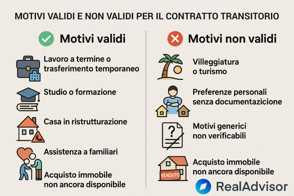 Infografica che illustra i motivi validi e invalidi per stipulare un contratto transitorio