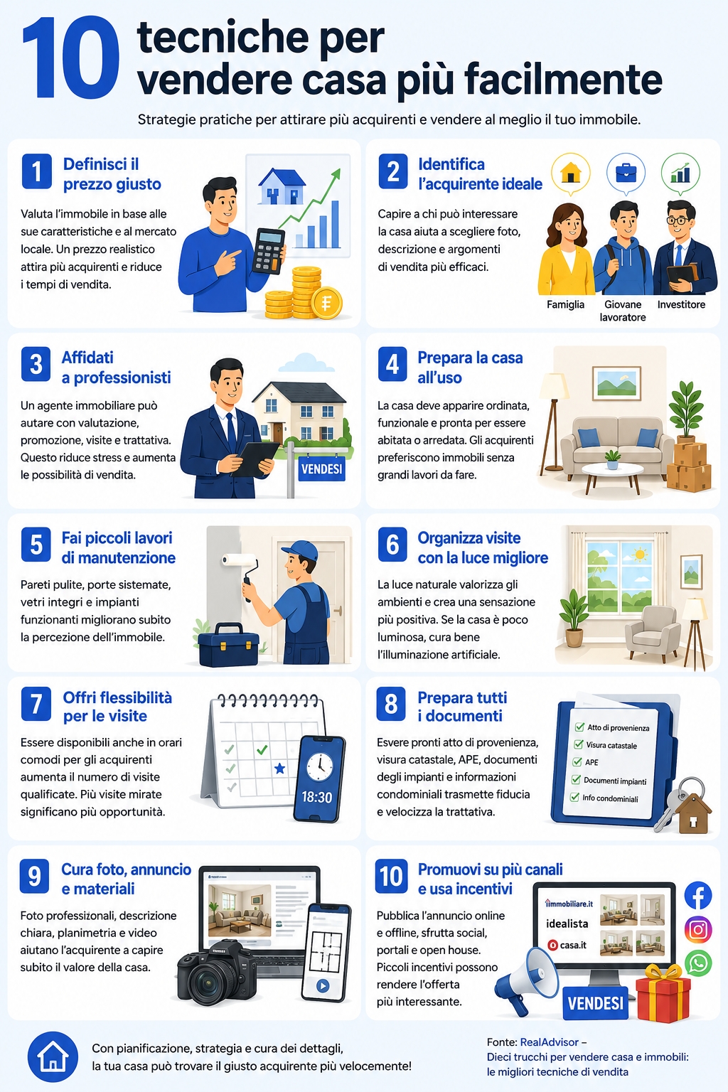 Infografica che illustra 10 trucchi per vendere casa con tecniche professionali e psicologiche