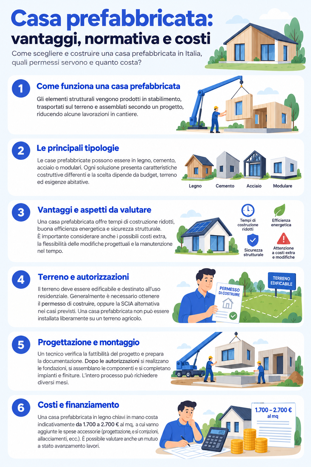 Infografica che illustra vantaggi, normative e costi per una casa prefabbricata