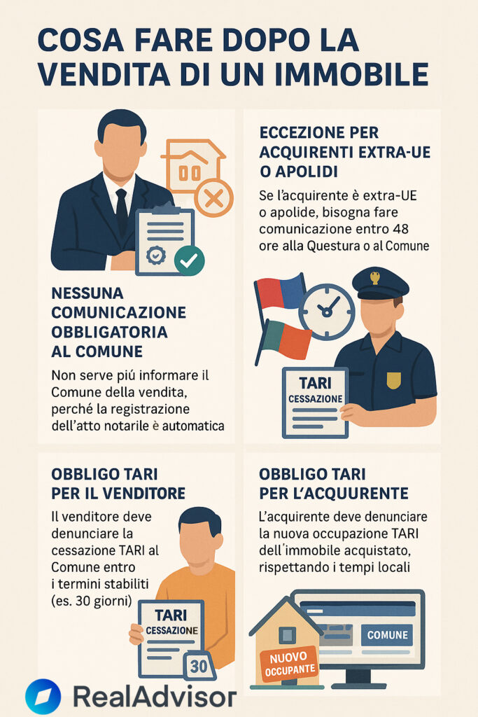 Infografica che illustra chi e quando deve informare il comune dell'avvenuta vendita di un immobile