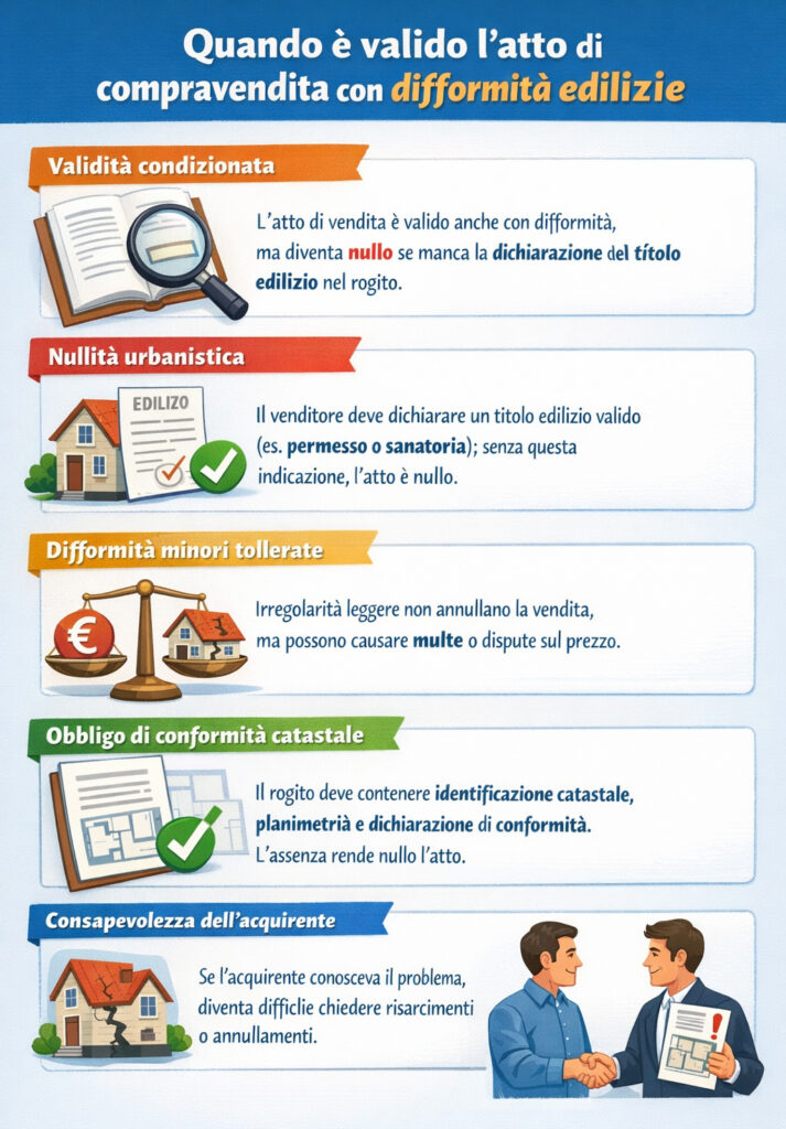 Infografica che illustra quando è valido un atto di compravendita di un immobile con difformità edilizie