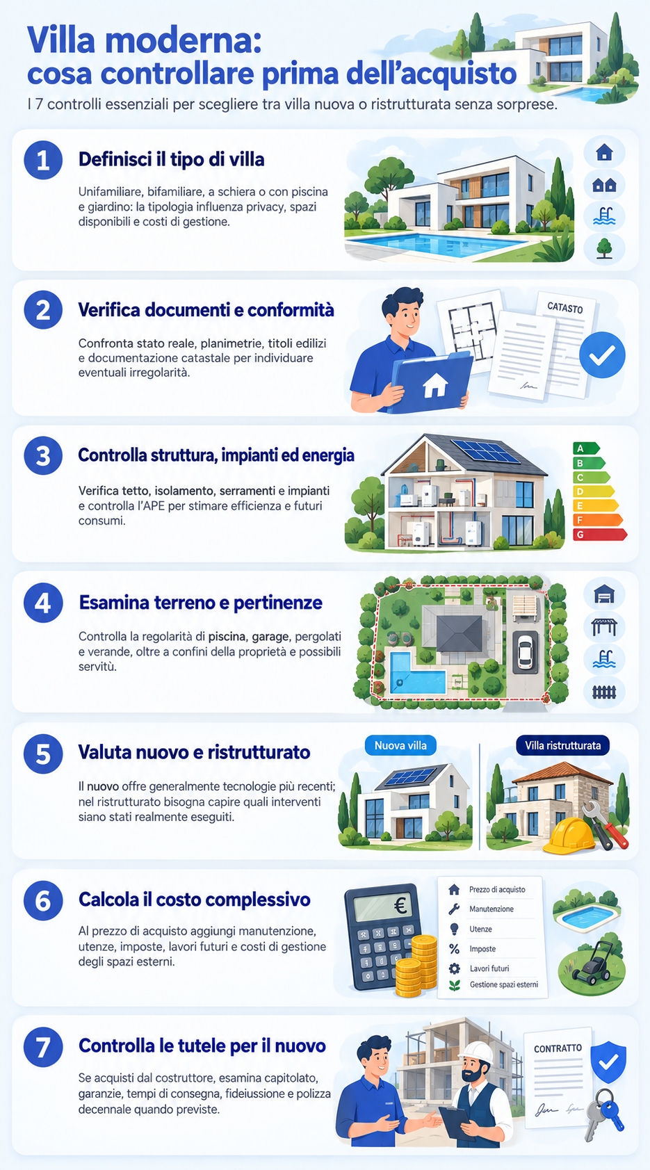 Infografica che illustra cosa controllare prima dell'acquisto di una villa moderna