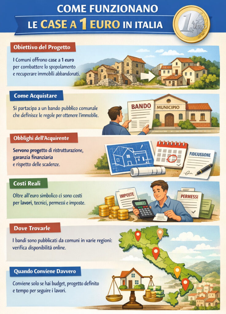 Infografica che spiega come funzionano le case a 1 euro in Italia