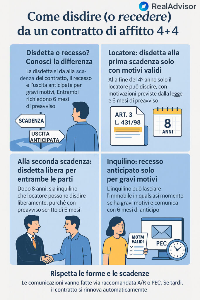 Infografica che spiega come funziona la disdetta di un contratto 4+4