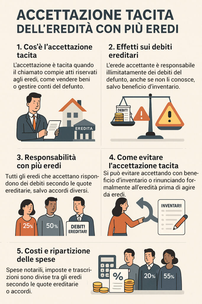 Infografica che illustra come funziona l'accettazione dell'eredità e chi paga