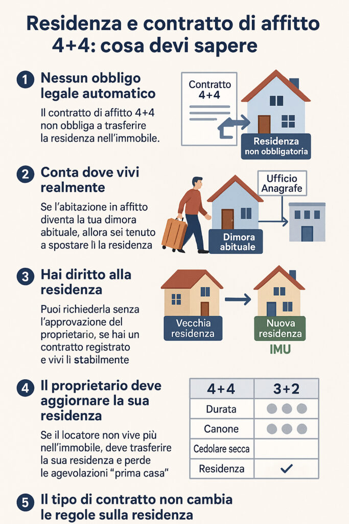 Infografica che illustra come funziona la residenza nel contratto di affitto 4+4