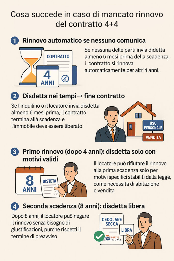 Infografica che illustra come funziona il mancato rinnovo del contratto 4+4