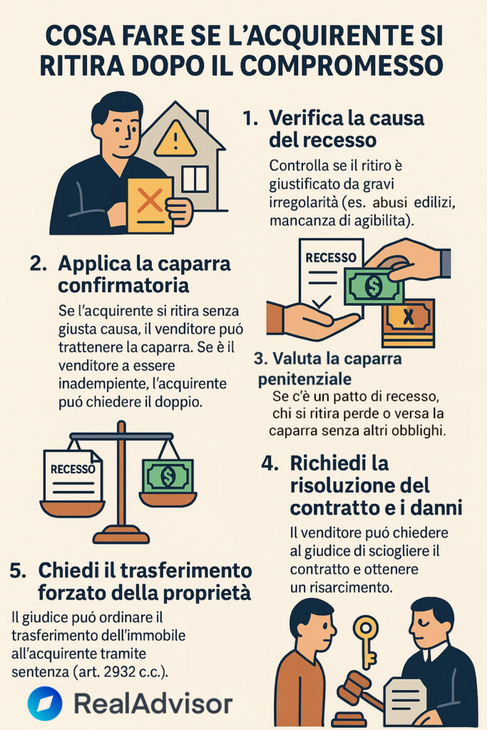 Infografica che illustra cosa fare e cosa succede se l'acquirente si ritira dopo il compromesso