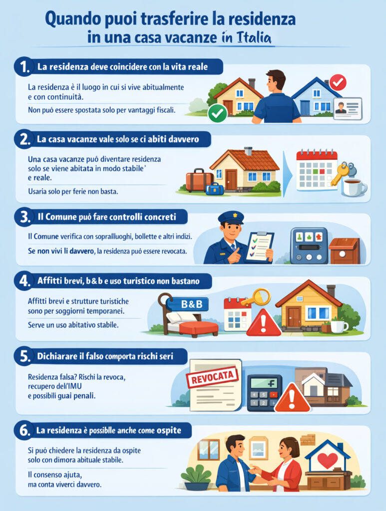 Infografica che illustra come funziona in Italia la lagge per trasferire la residenza nella casa vacanze
