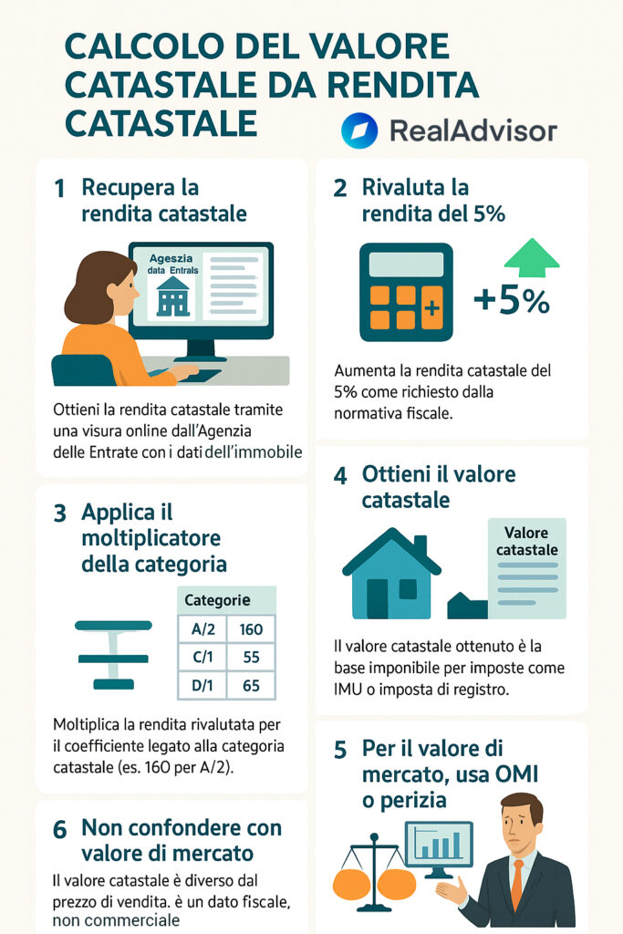 Infografica che illustra la valutazione di un immobile partendo dalla rendita catastale