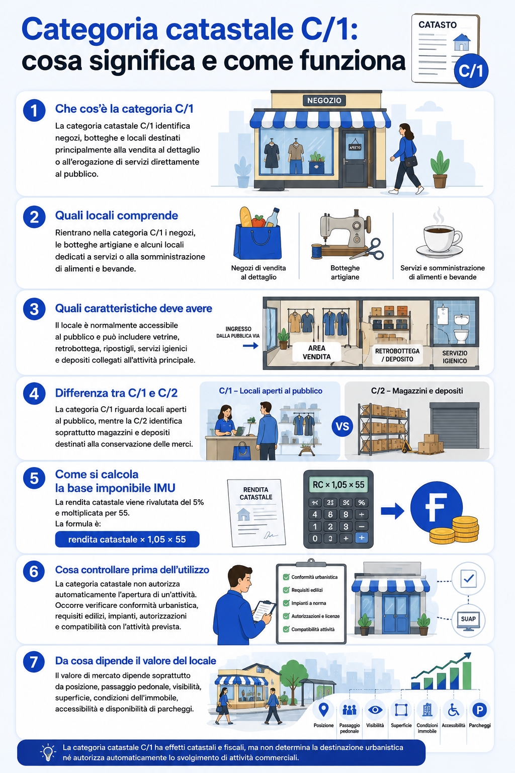 Infografica che illustra cos'è e cosa include la categoria catastale c1