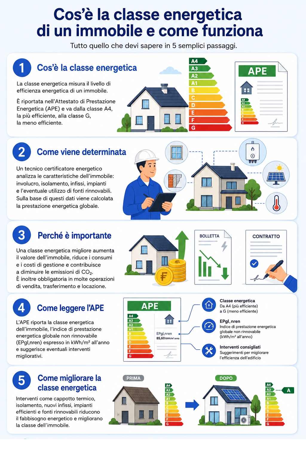 Infografica che illistra cos'è e come funziona la classe energetica di una casa
