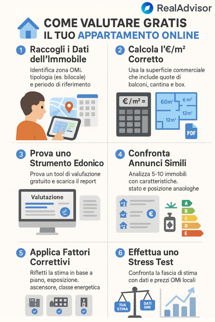 Infografica che illustra come valutare un appartamento online gratuitamente