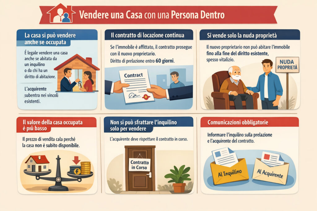 Infografica che illustra come vendere casa con una persona residente dentro