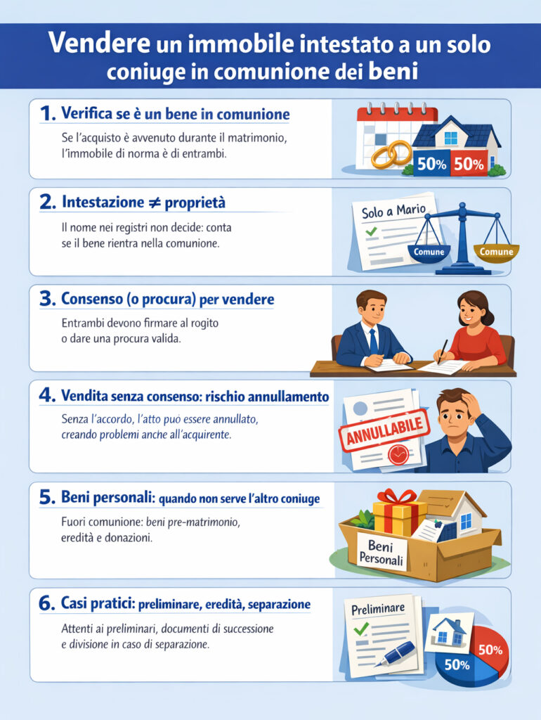 Infografica che illustra come vendere un immobile intestato a un solo coniuge