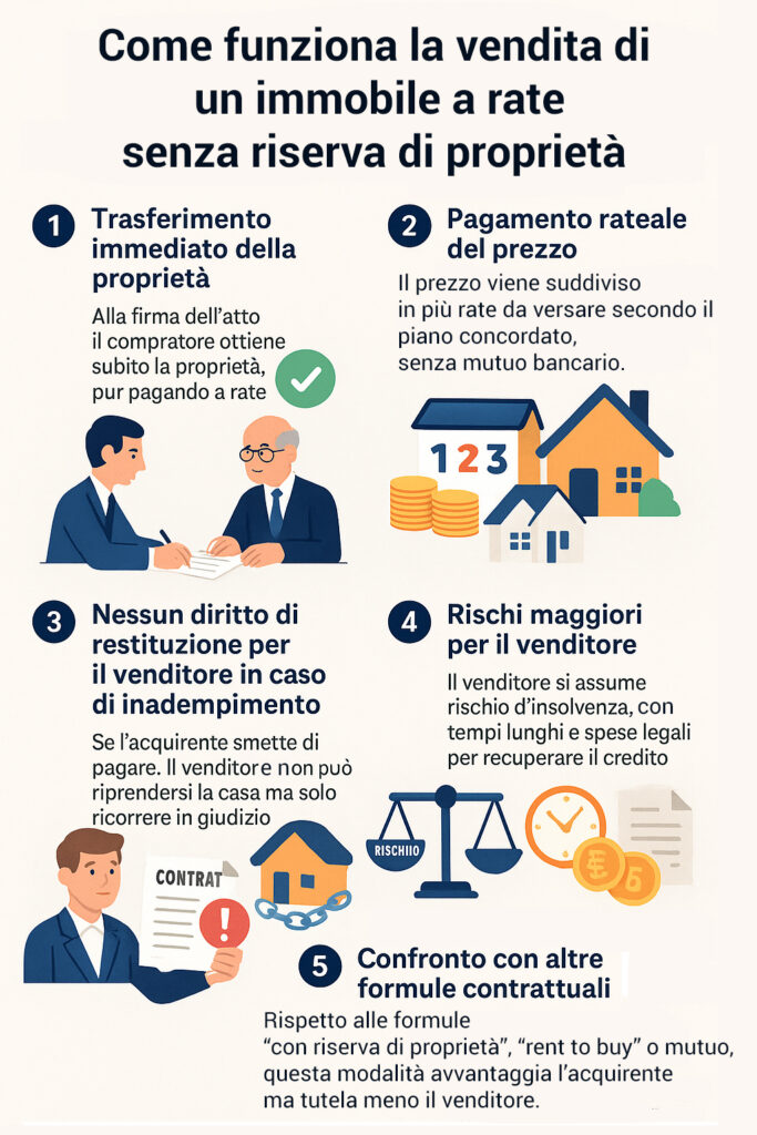 Infografica che illustra come funziona e quali sono le caratteristiche della vendita senza riserva di proprietà