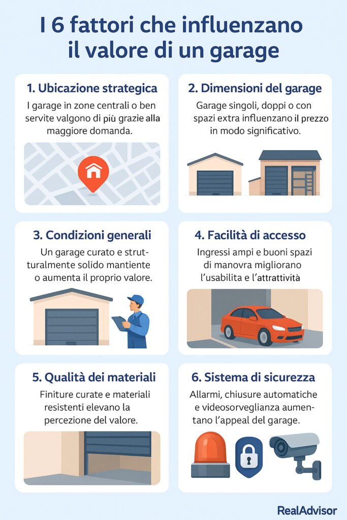 Infografica che illustra i fattori che influenzano la valutazione di un garage